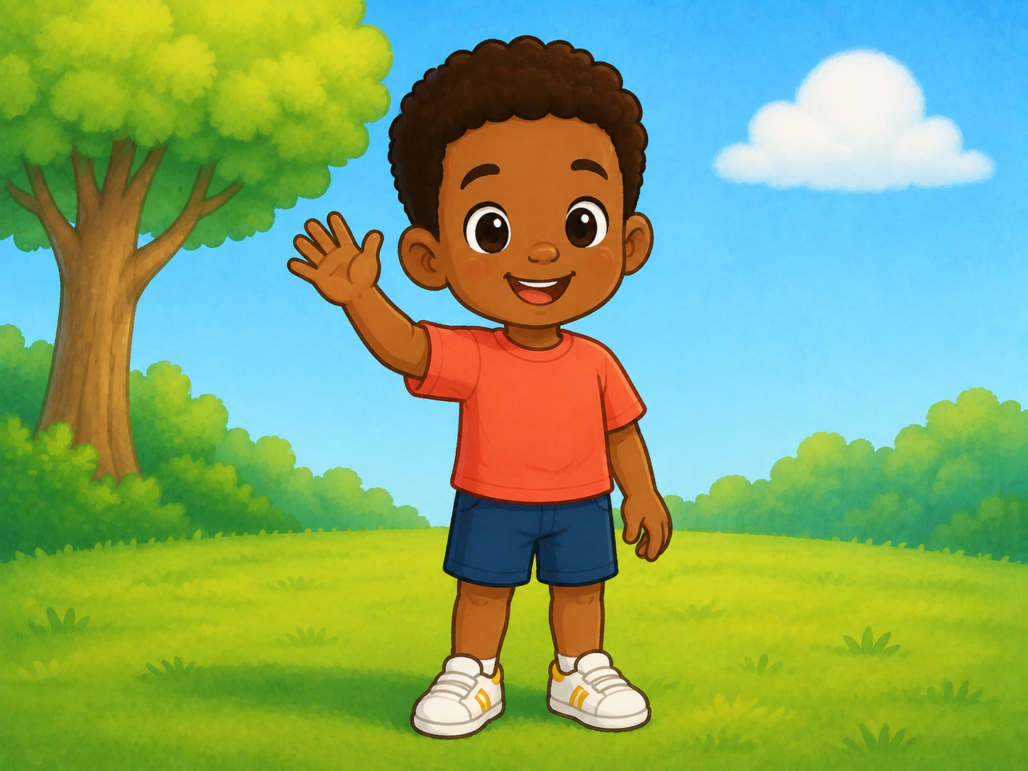 Dan, a boy in a coral shirt, waves in the park.