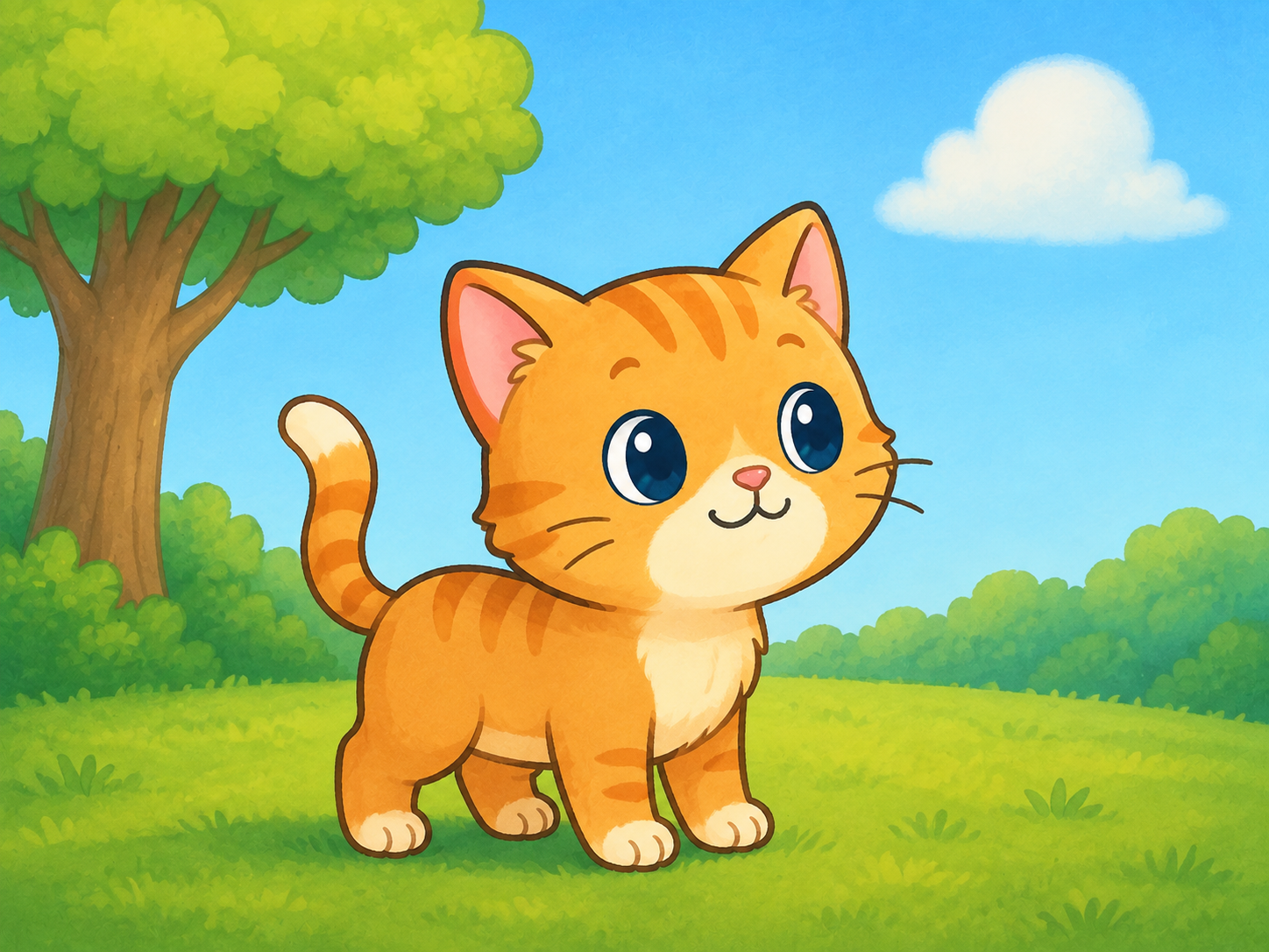 A ginger kitten stands in a sunny garden.