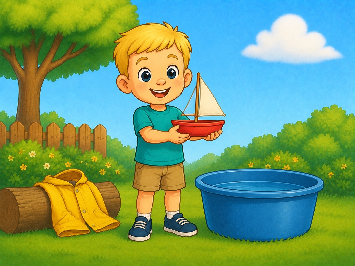 Ben holds a small red wooden toy sailboat with one plain cream sail beside a blue outdoor tub.