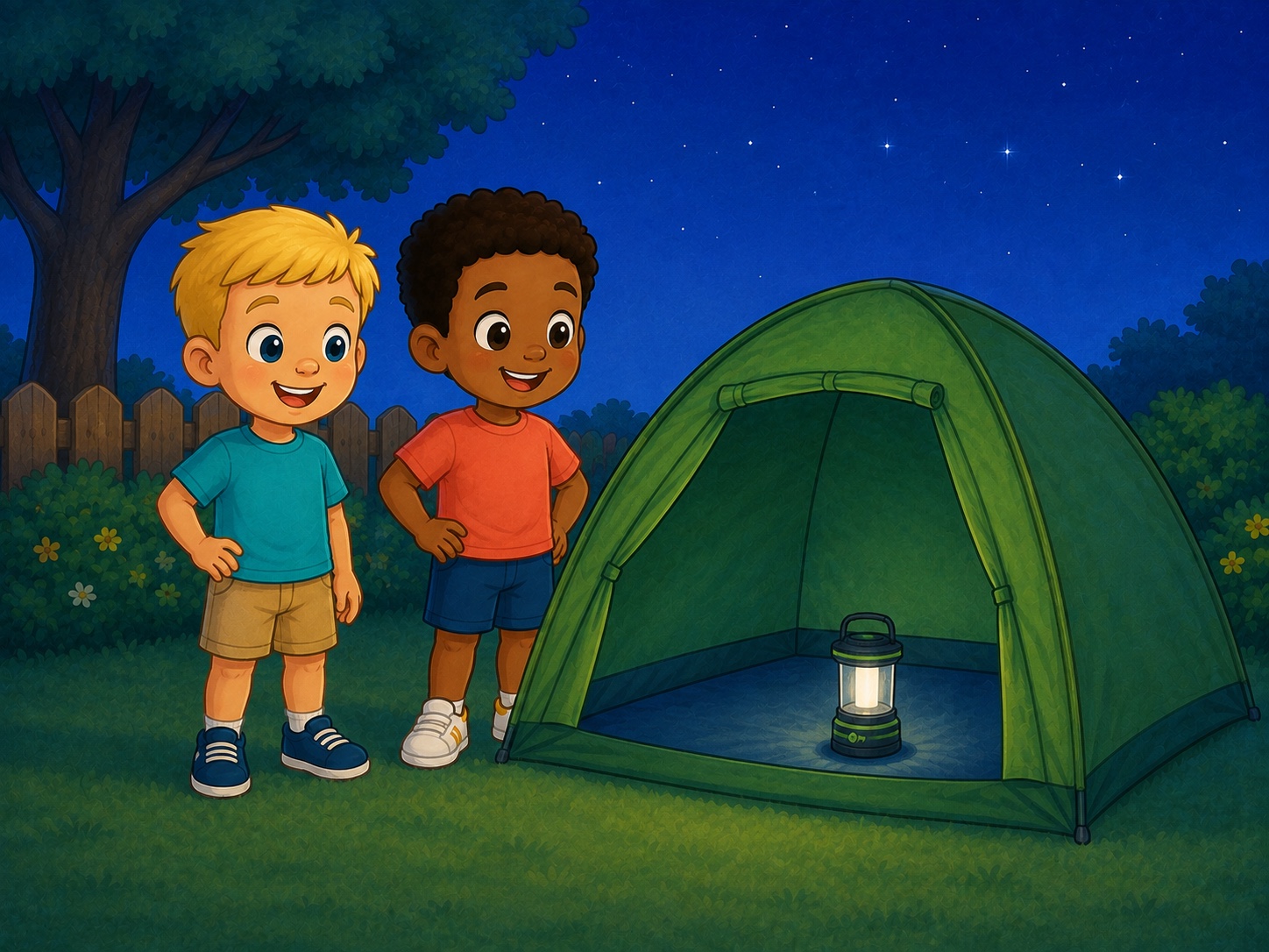 Ben and Dan stand beside a green play tent in a familiar garden at blue twilight.