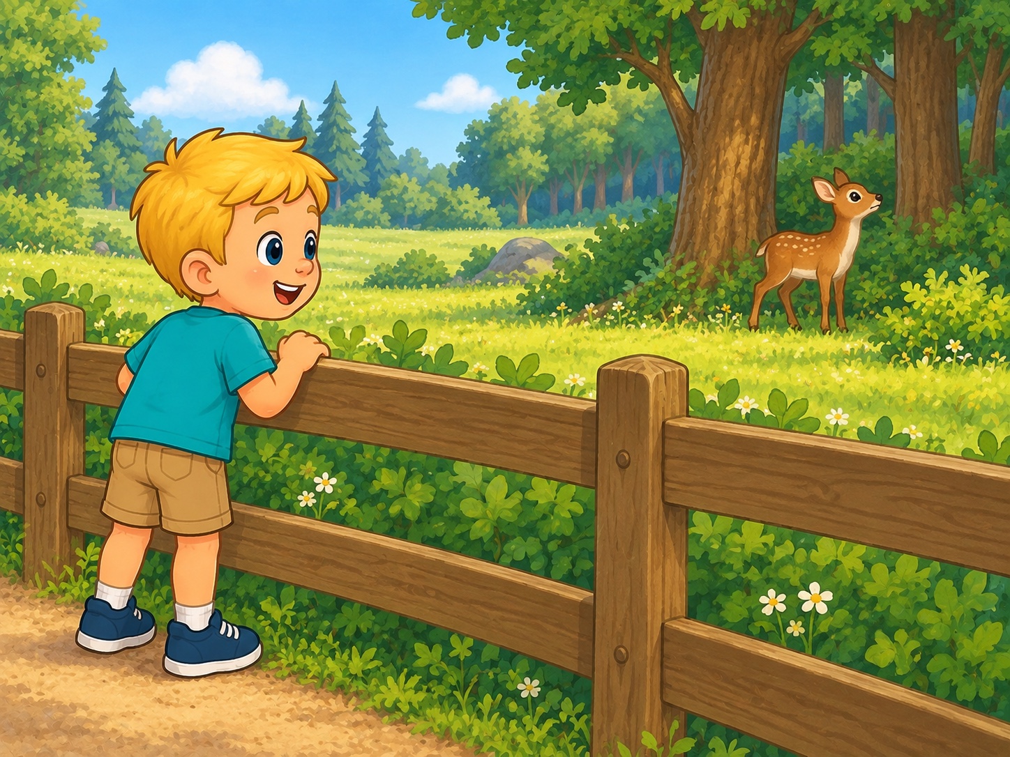 Ben peers at the trees. Scene continuity: Small brown deer with no antlers, distant woodland meadow, Ben behind low viewing fence never approaching.