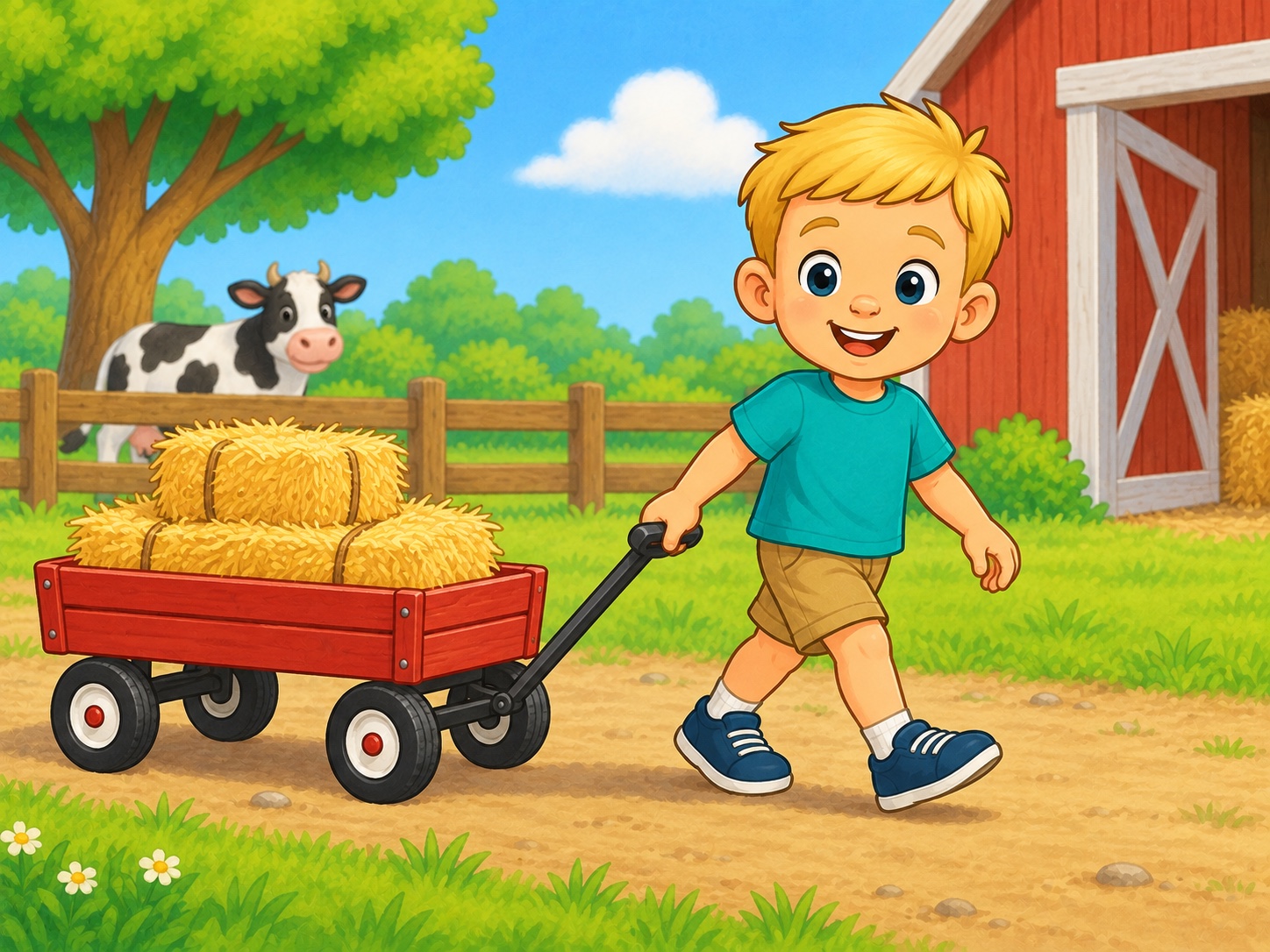 Ben has a cart. Scene continuity: Small red pull cart, light bundles of hay, friendly farm, no large machinery.