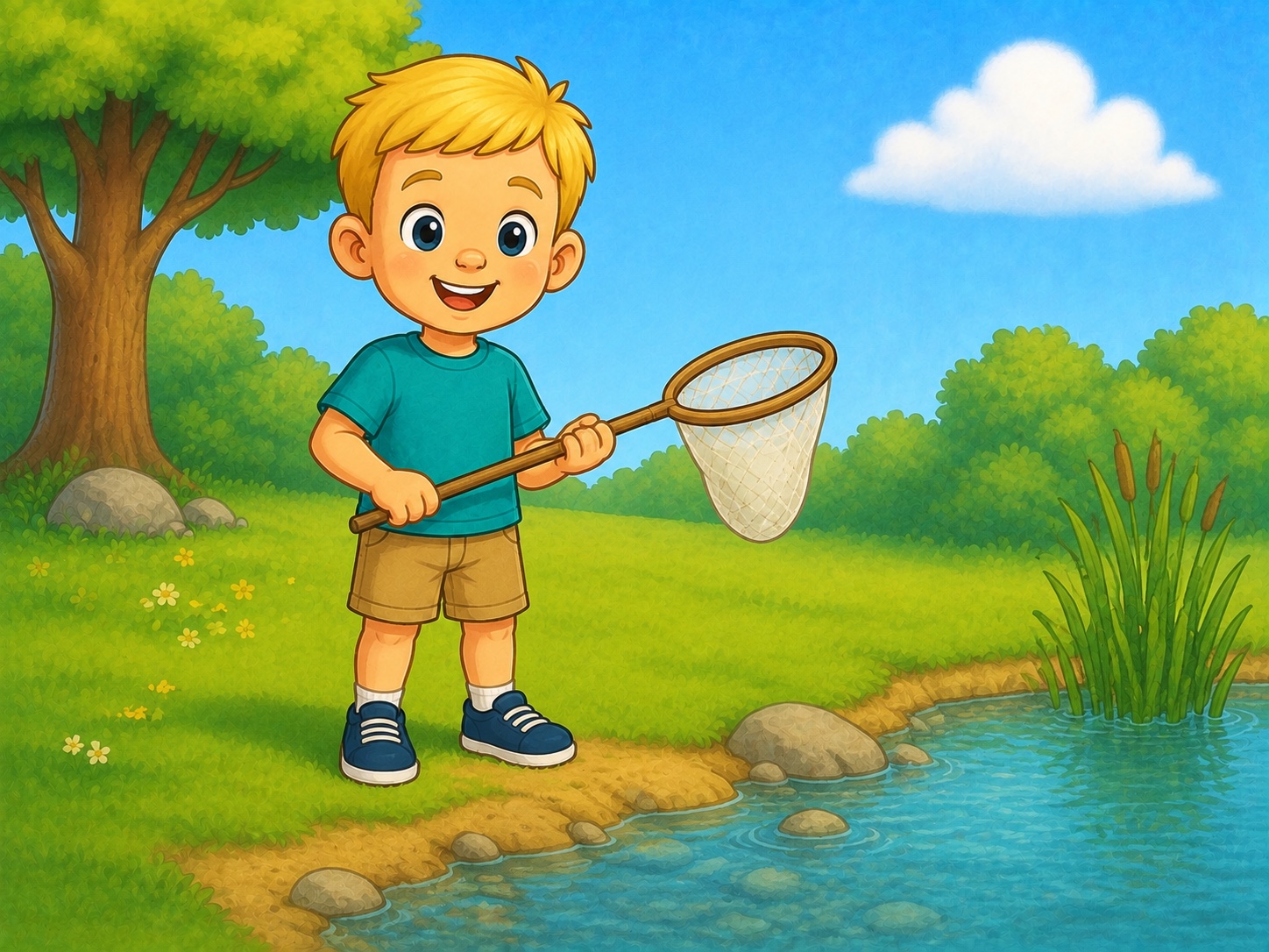 Ben holds a small hand net safely back from a shallow pond edge.