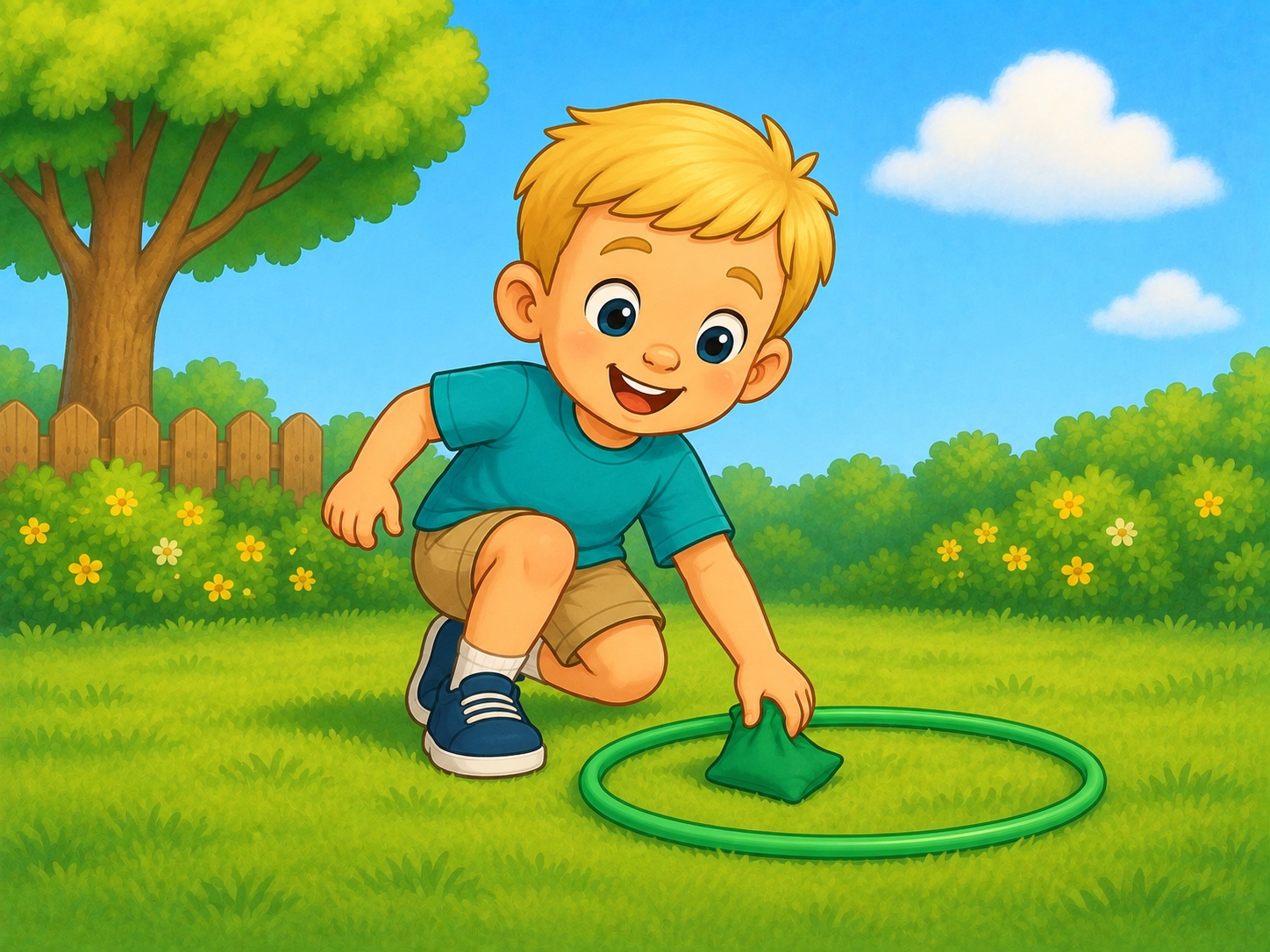 Ben is on the green team. Scene continuity: Ben alone practising with small green beanbag, chalk-free plain target hoop on grass.