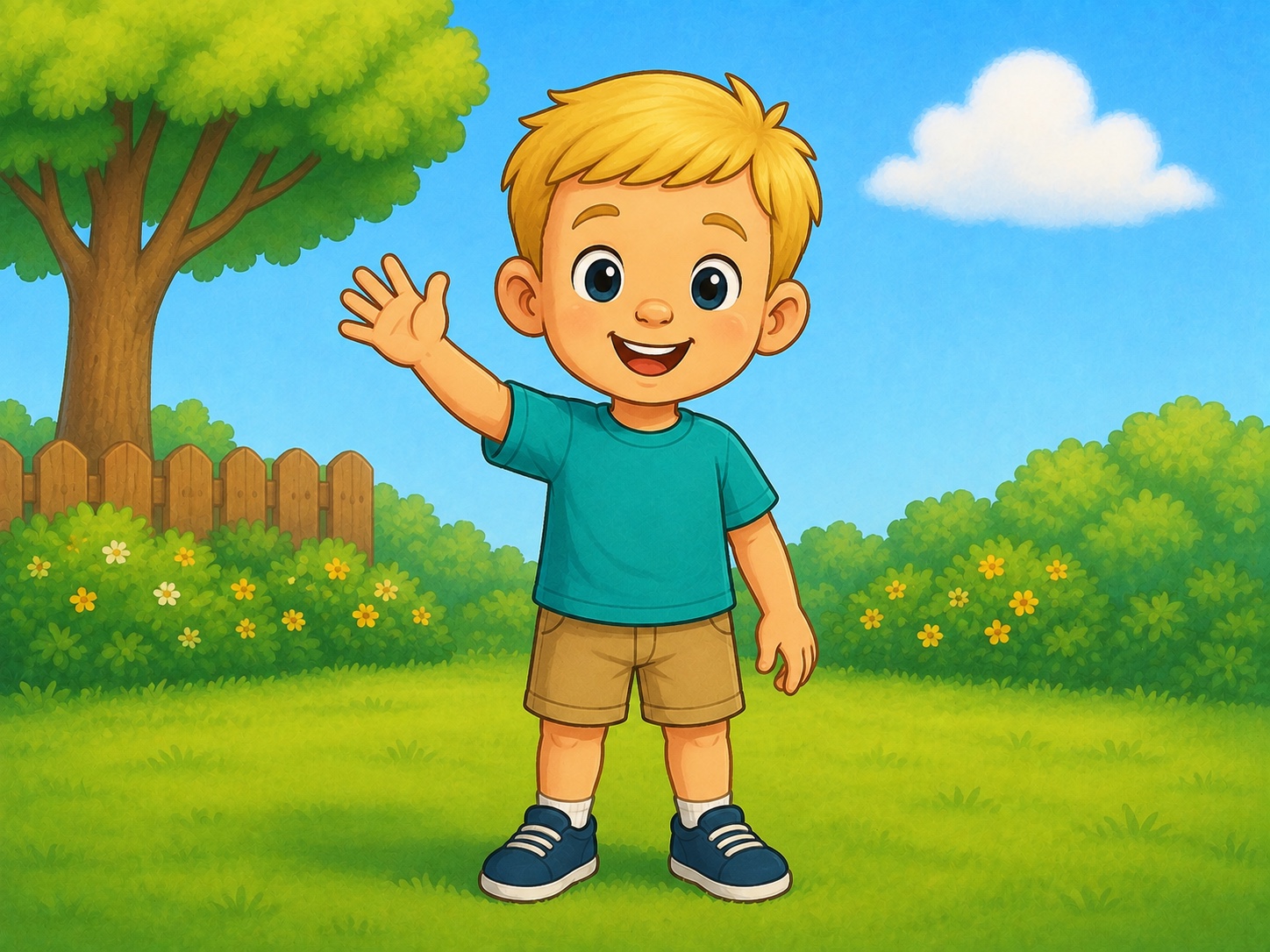 Ben waves in a simple garden.