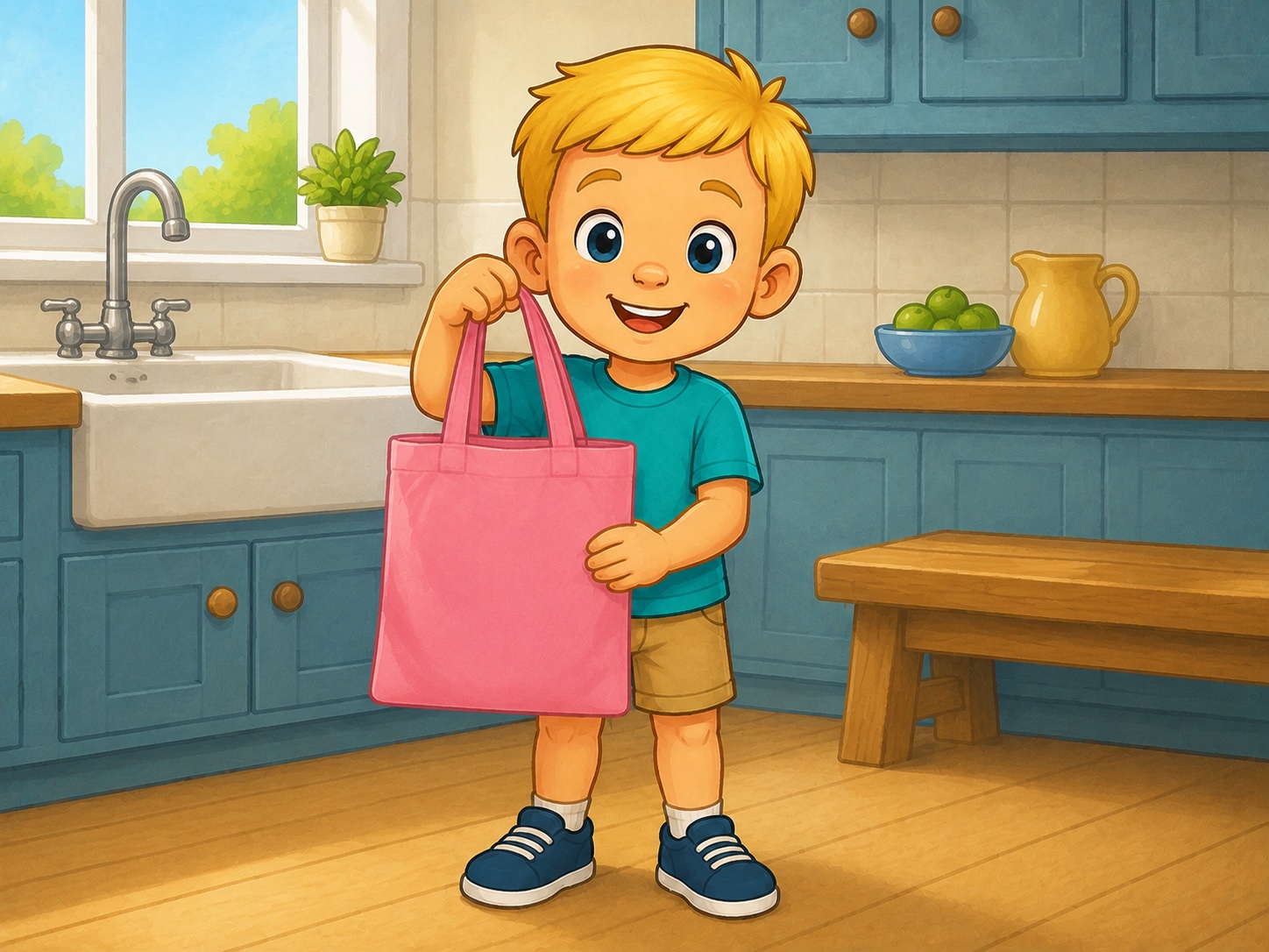 Ben holds a plain pink cloth tote in a simple bright kitchen.
