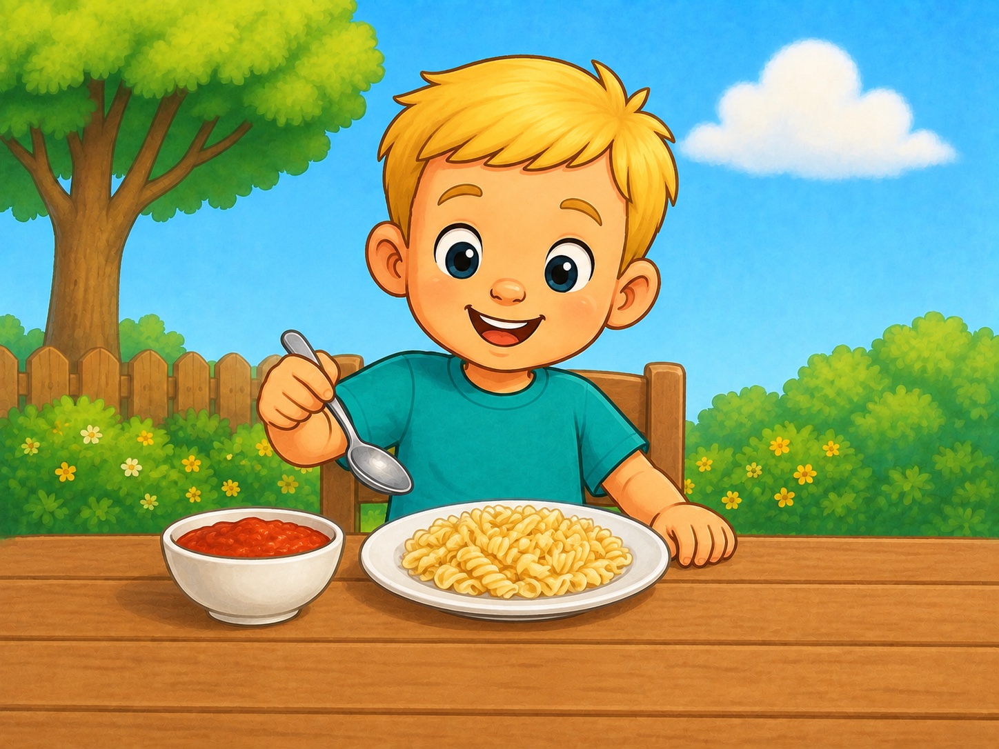 Ben has a plate of pasta. Scene continuity: Small white plate of cooked pasta, spoon, plain white sauce bowl, food cool.