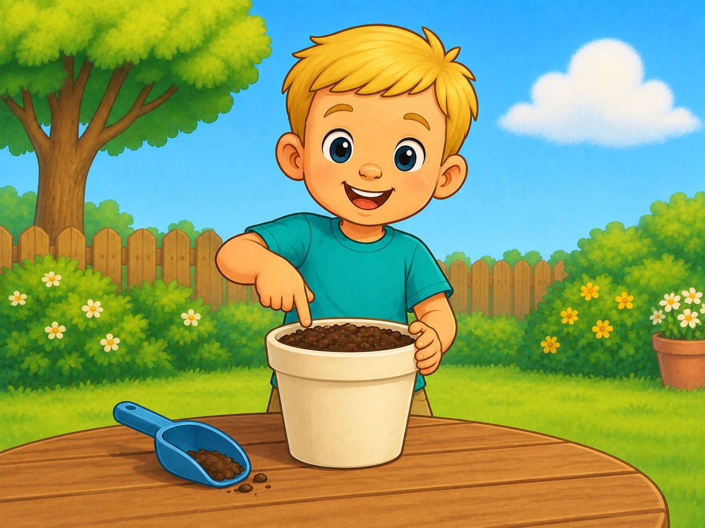 Ben has a pot of soil. Scene continuity: Cream flowerpot, brown soil, bean seed, blue scoop, garden table.