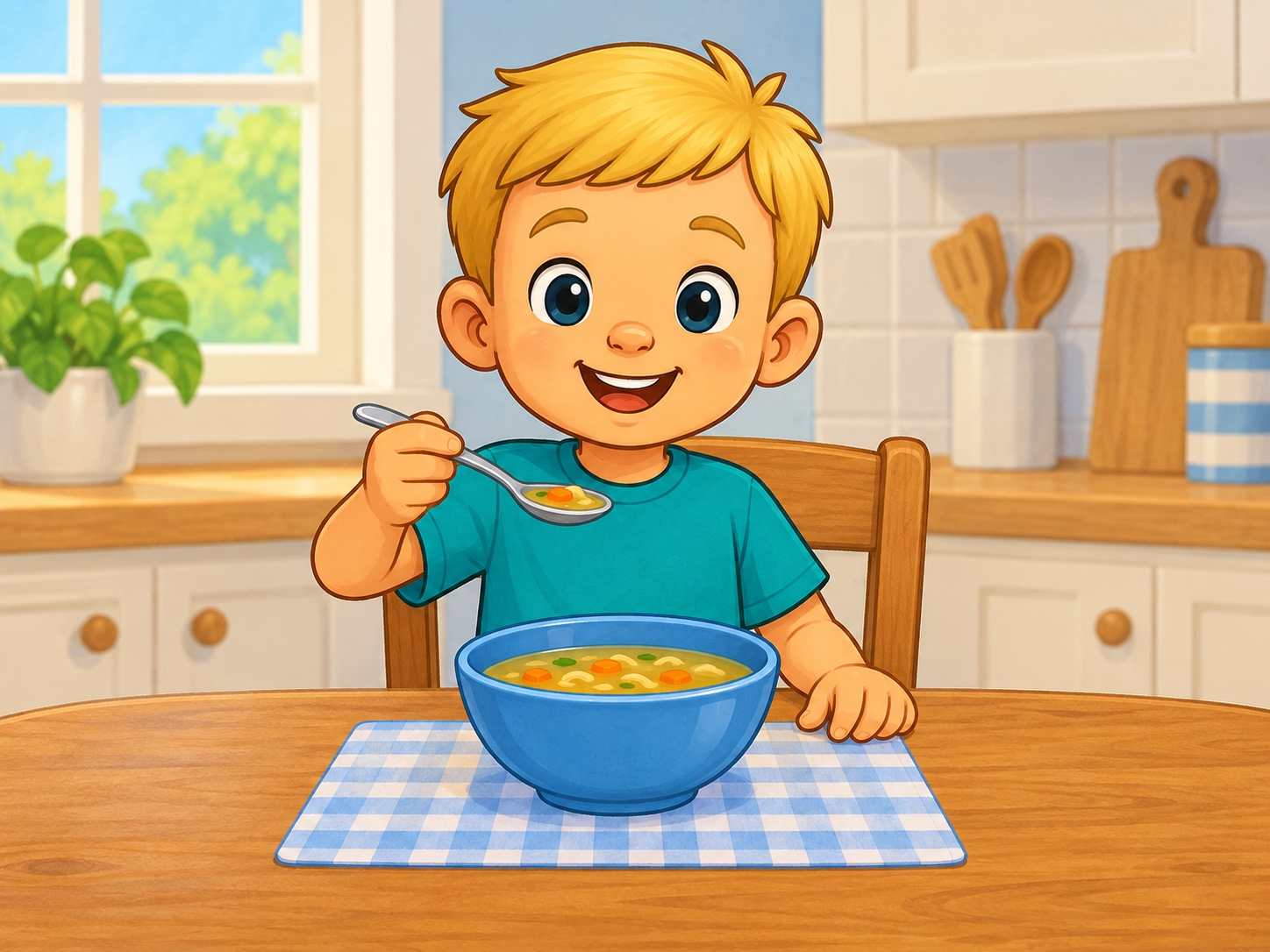 Ben has a spoon. Scene continuity: Blue bowl of soup, silver child-safe spoon, kitchen table, food is cool.