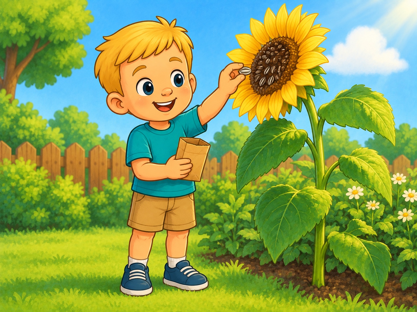 Ben stands by a sunflower. Scene continuity: One tall yellow sunflower in garden, seed head, small brown packet no text.