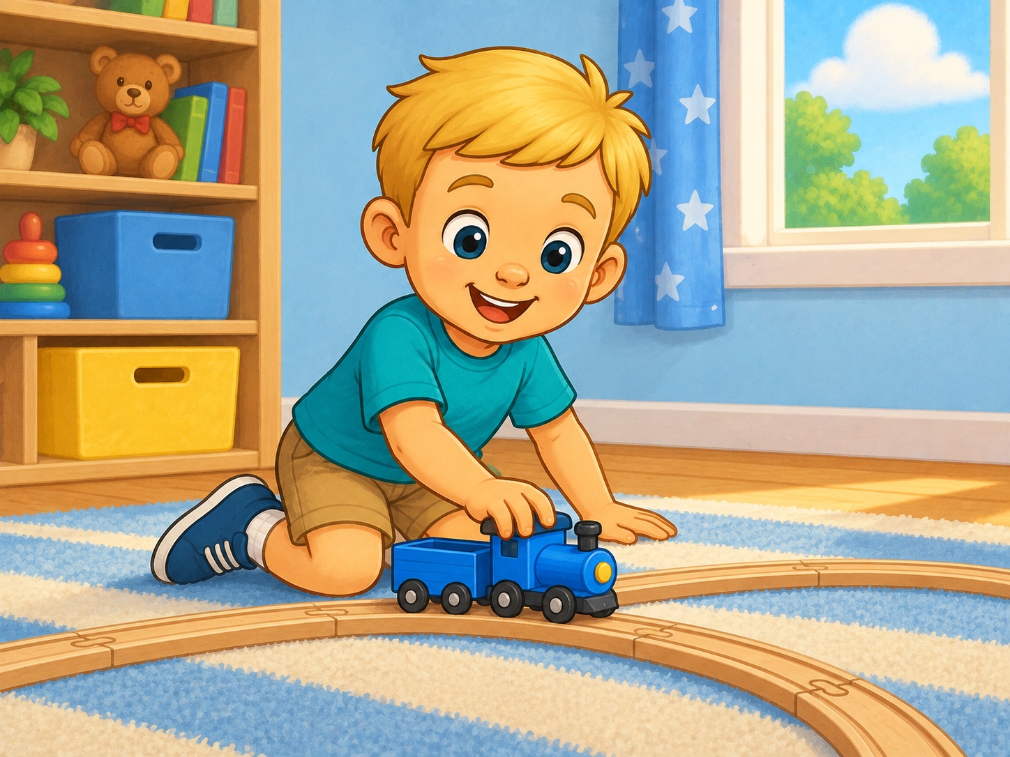 Ben has a train. Scene continuity: Small blue toy train on wooden track, sunny playroom.