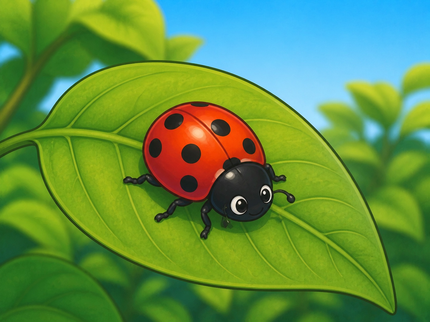 A cute red ladybird with black spots rests on a leaf, clear simple close scene.