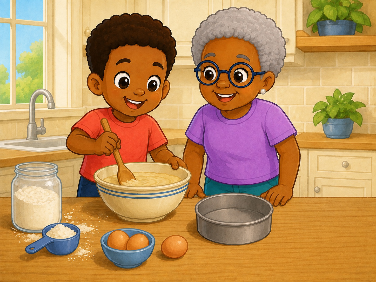 Dan and Nan stand at a kitchen counter with a mixing bowl, flour, eggs and a plain round cake tin.