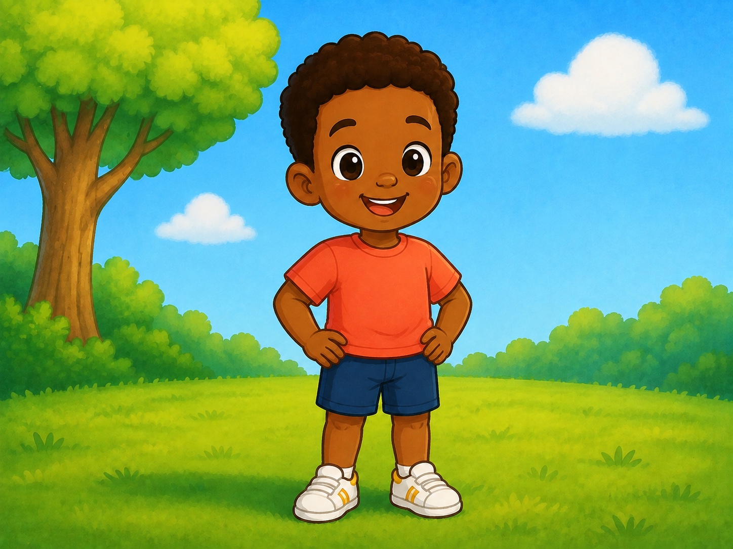 Dan stands in the park, no hat on his head.