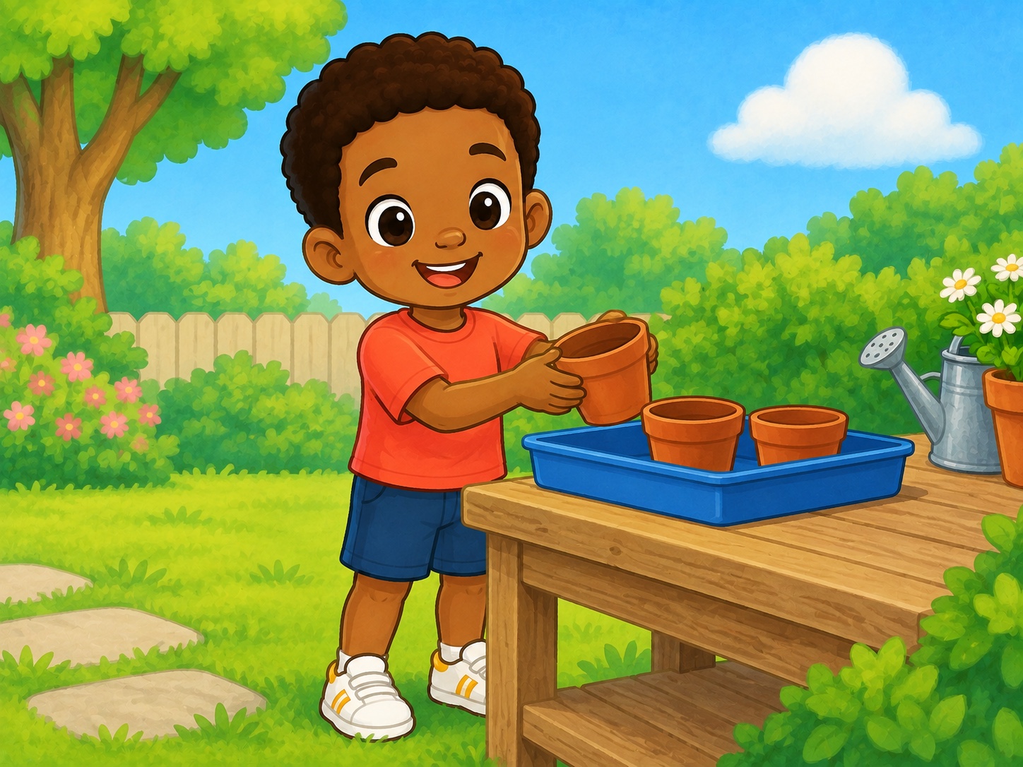 Dan has a helpful job. Scene continuity: Safe garden tidying, lightweight small pots, plain blue tray and cloth.
