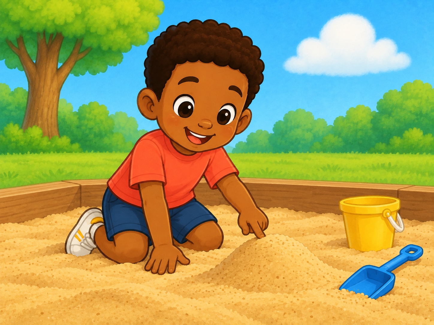 Dan found a mound of sand. Scene continuity: Low sand mound, yellow bucket, blue spade, sandpit.