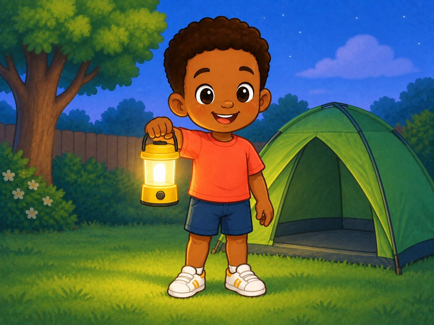 Dan has a light. Scene continuity: Small green garden tent, yellow battery lantern, blue twilight; safe garden outing.