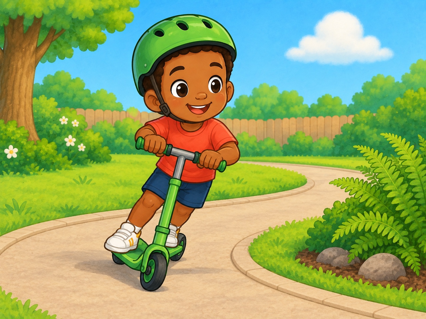 Dan has a turn on the path. Scene continuity: Child-sized green scooter, matching green helmet, flat safe garden path, no traffic.