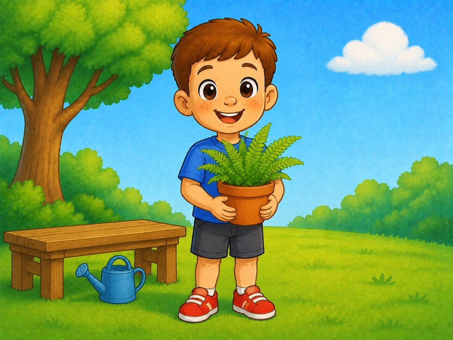 Tom holds a small bright green fern in a plain terracotta pot in a sunny garden.