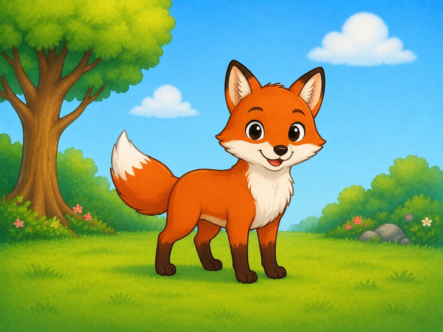 A cute red fox with white chest and white tail tip stands in a garden.