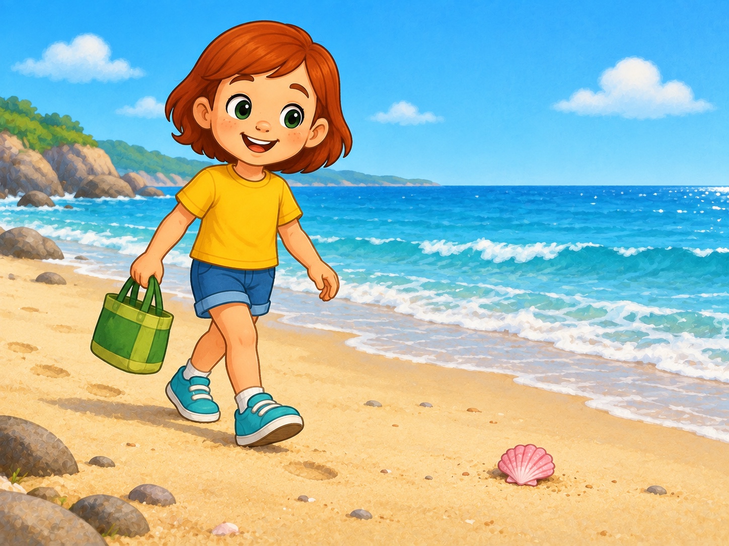 Meg walks on the beach. Scene continuity: Calm sandy beach, pink shell, small green beach bag.