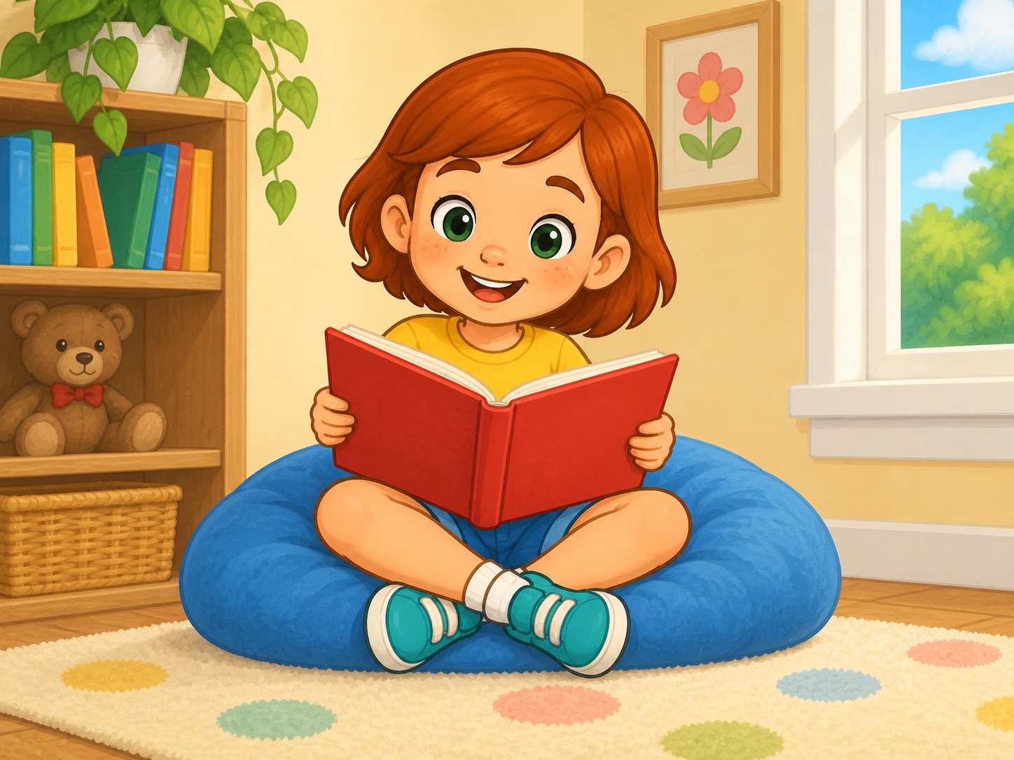 Meg has a book. Scene continuity: Plain red picture book with no text, reading nook with blue cushion.
