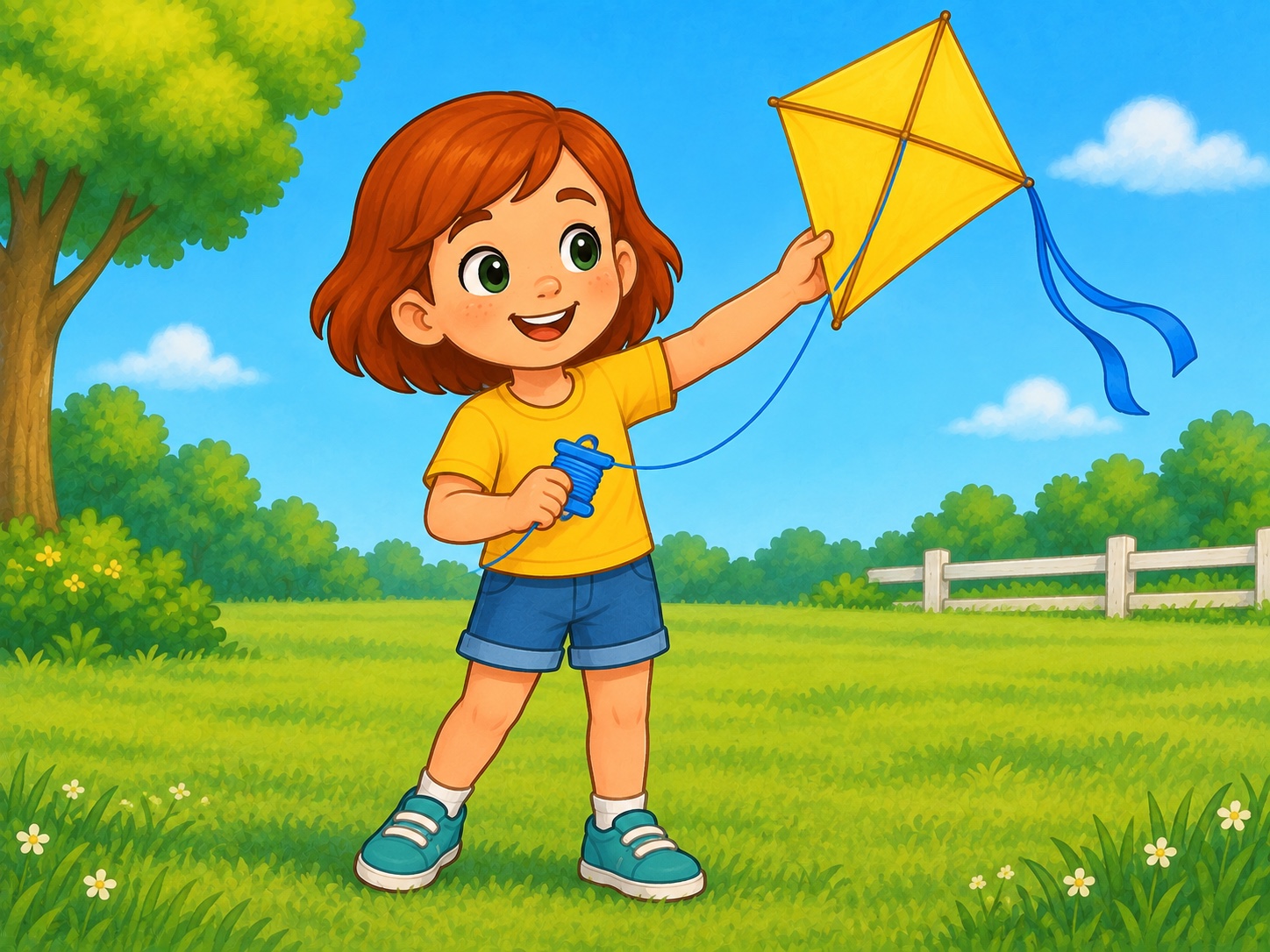 Meg has a bright kite. Scene continuity: Bright yellow diamond kite, blue string, open grassy field, clear daylight.