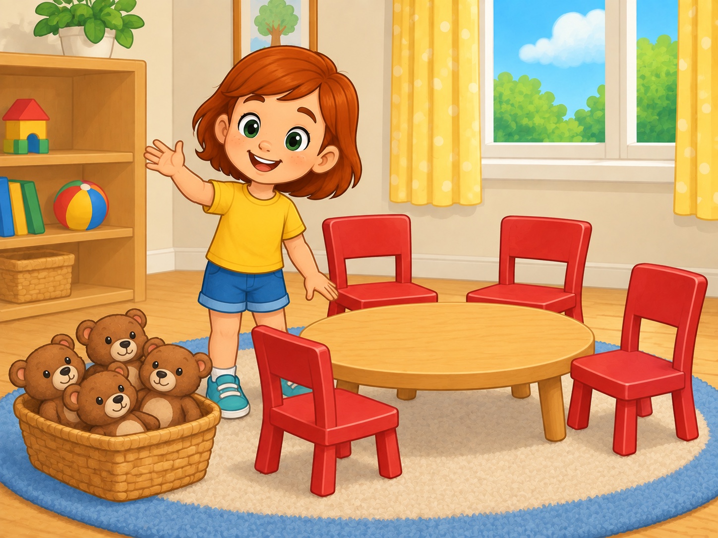 Meg has four small chairs. Scene continuity: Four toy bears, four matching plain red chairs around low table, counting play.