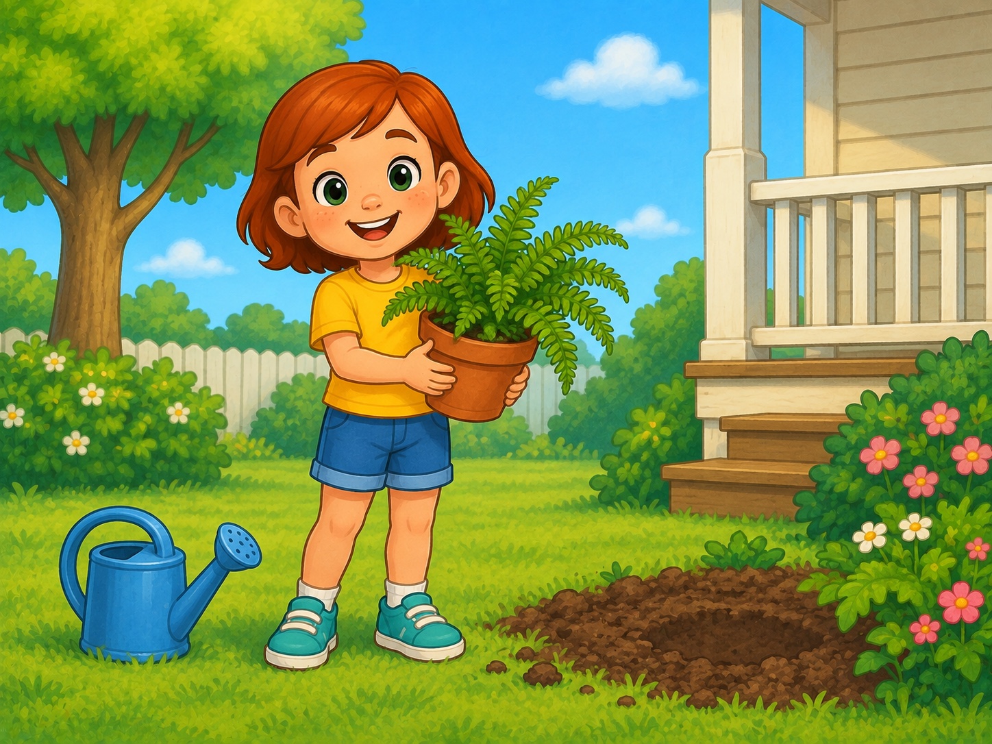 Meg has a fern. Scene continuity: Green fern in terracotta pot, small garden patch, blue watering can.