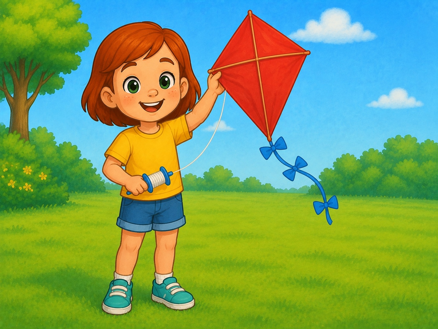 Meg holds a red diamond kite with a blue ribbon tail in an open grassy park.