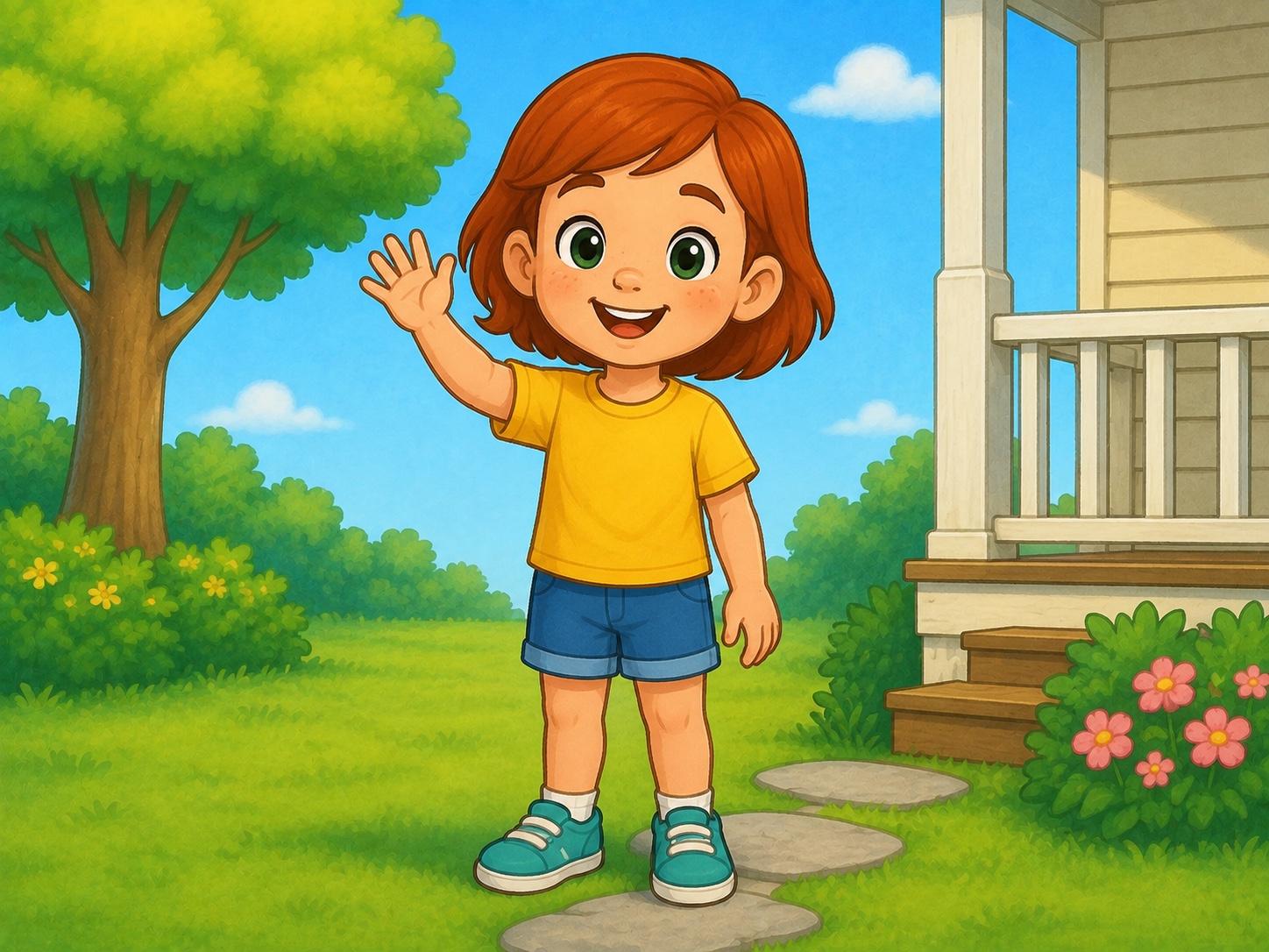 Meg waves in a garden beside her porch.