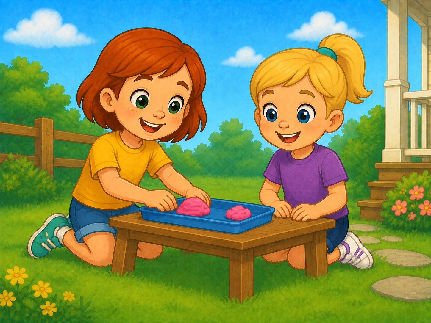 Meg and Pip smile in a sunny garden beside a low play table.