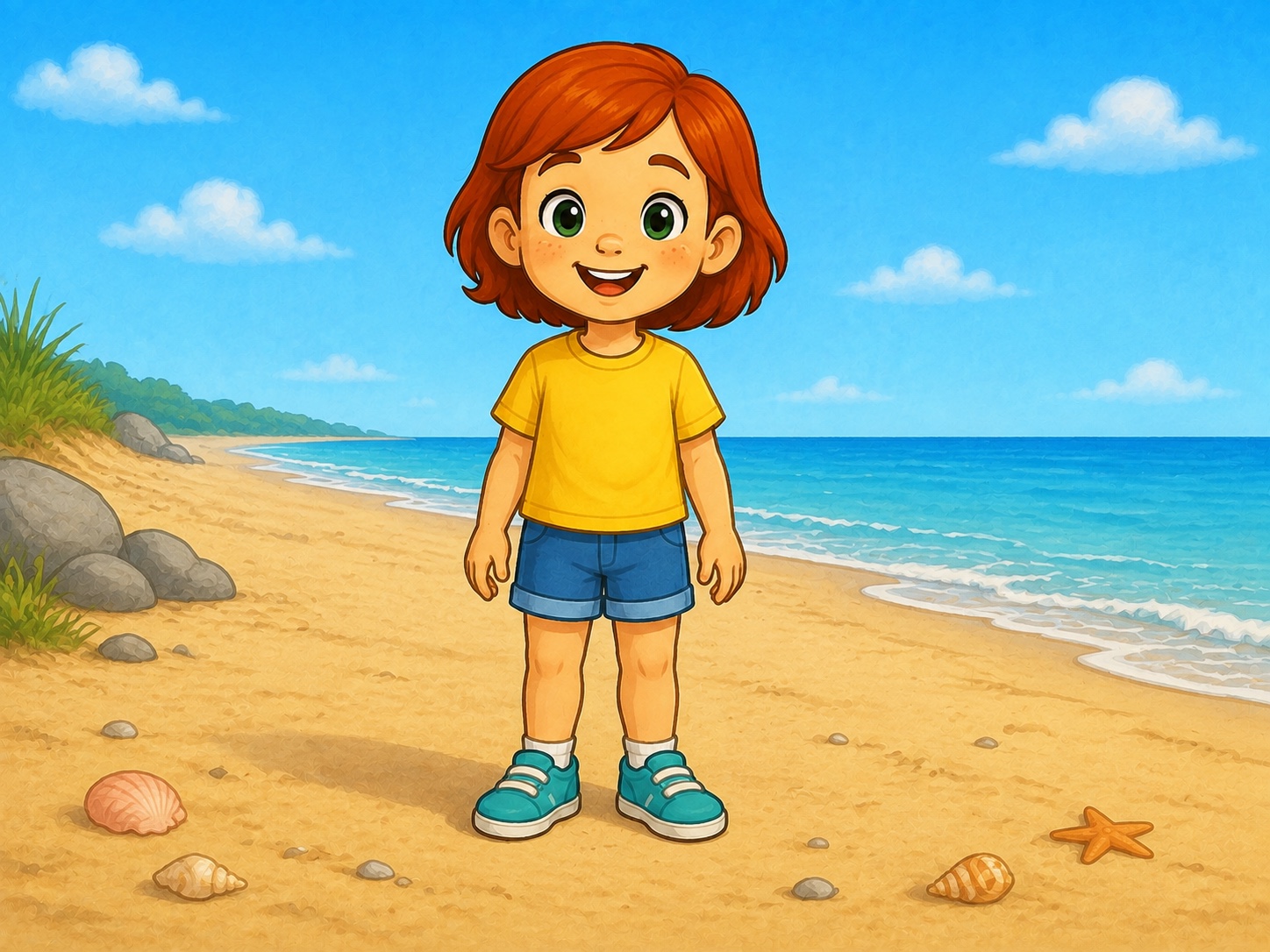 Meg stands on a calm sandy beach.