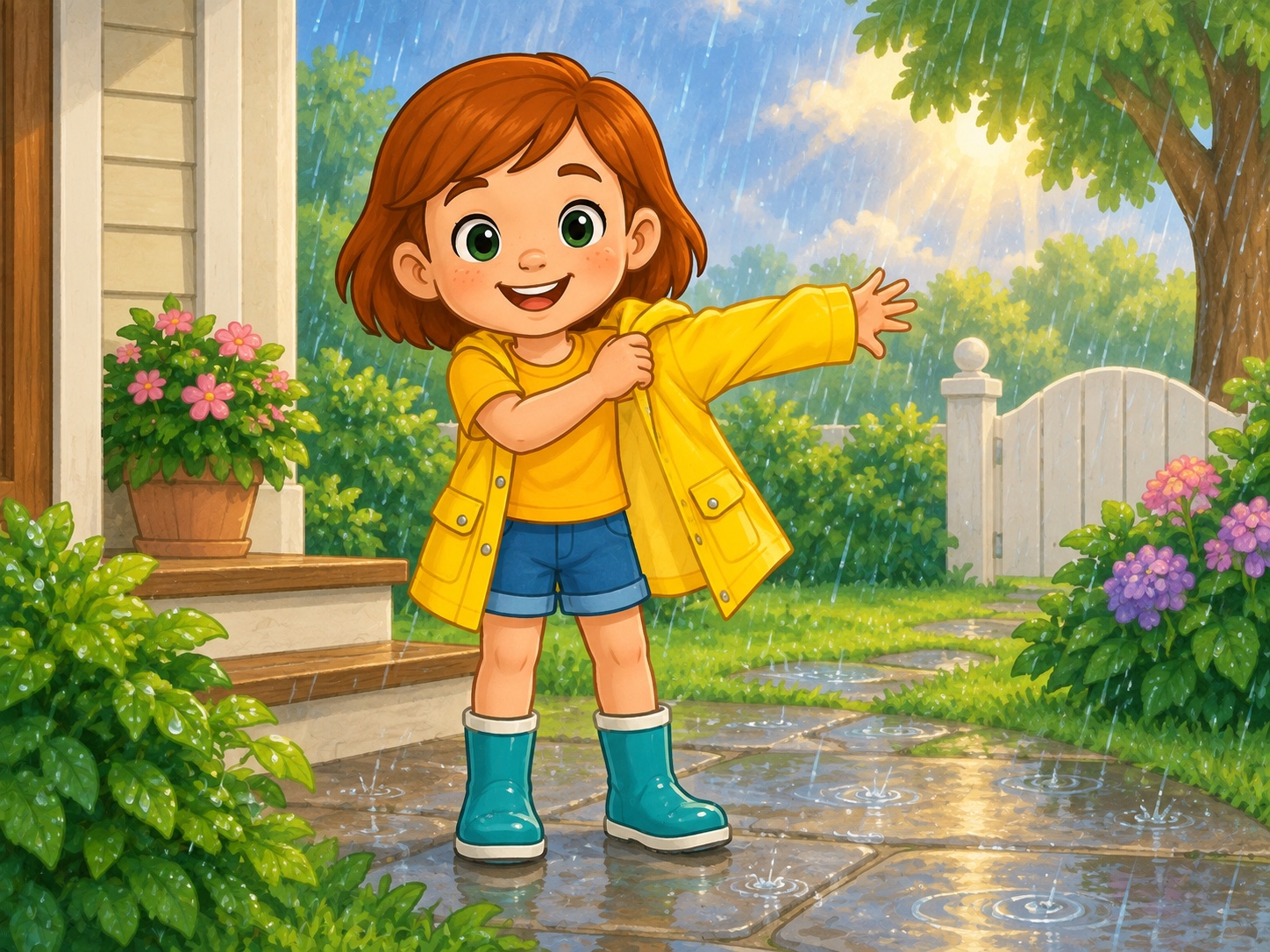 Meg puts on her raincoat. Scene continuity: Yellow raincoat worn open over Meg yellow shirt and denim shorts, teal waterproof boots, gentle rain, garden.