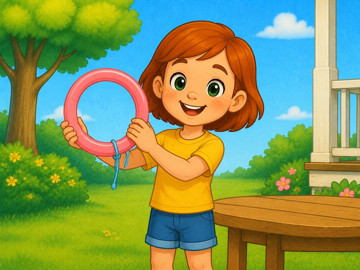 Meg holds a large pink plastic toy ring in a simple sunny garden.