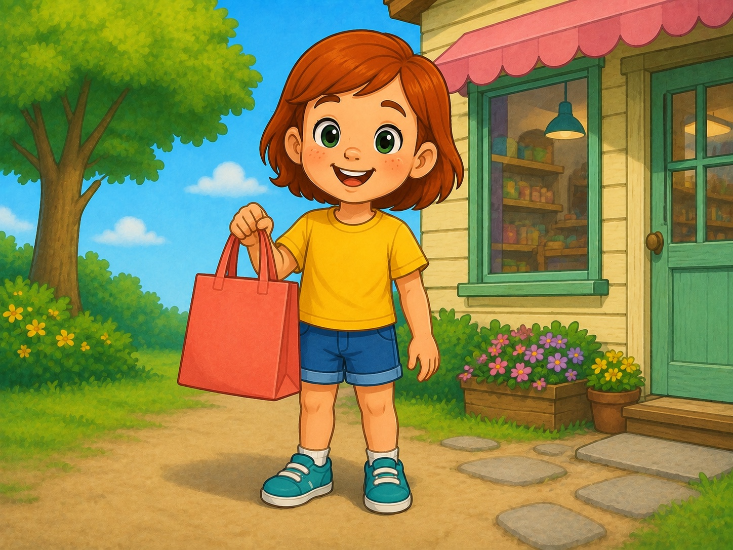 Meg holds a plain coral shopping bag outside a tiny friendly shop, no signs or letters.