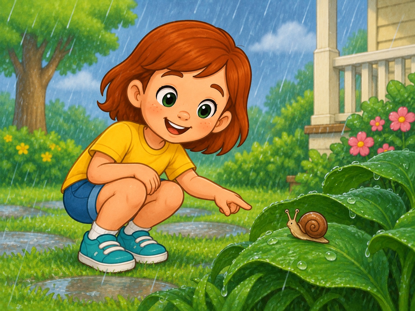 Meg can see a snail. Scene continuity: Garden, small brown spiral-shell snail, broad green leaf, gentle rain.