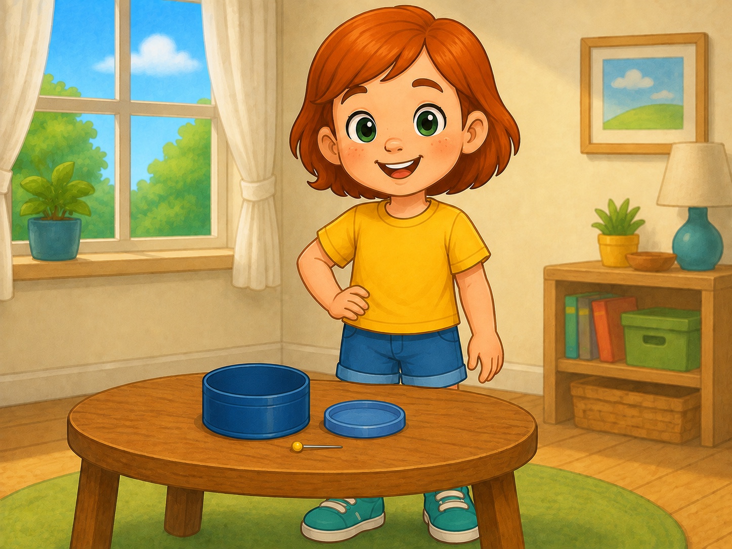 Meg stands at a low wooden craft table in a bright simple room.