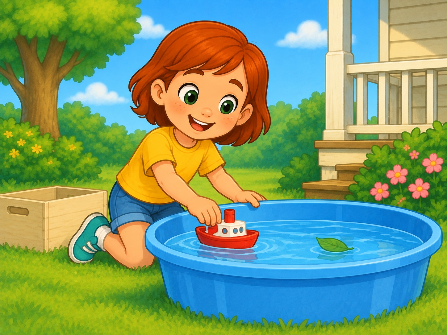 Meg has a toy. Scene continuity: Red toy boat, pale wooden box, shallow blue water tub, garden.