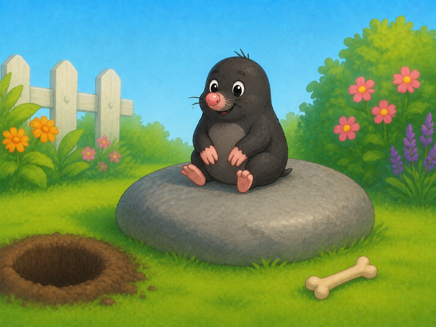 Small friendly charcoal-grey mole with pink nose sits on a broad smooth grey stone in a simple garden.