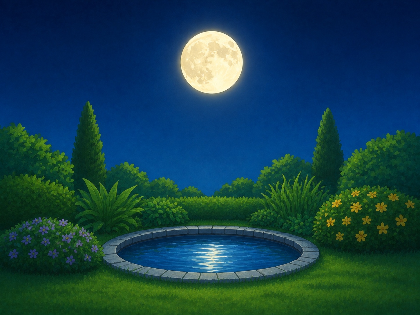 A bright round moon in a deep blue early-night sky above a simple garden, no text.
