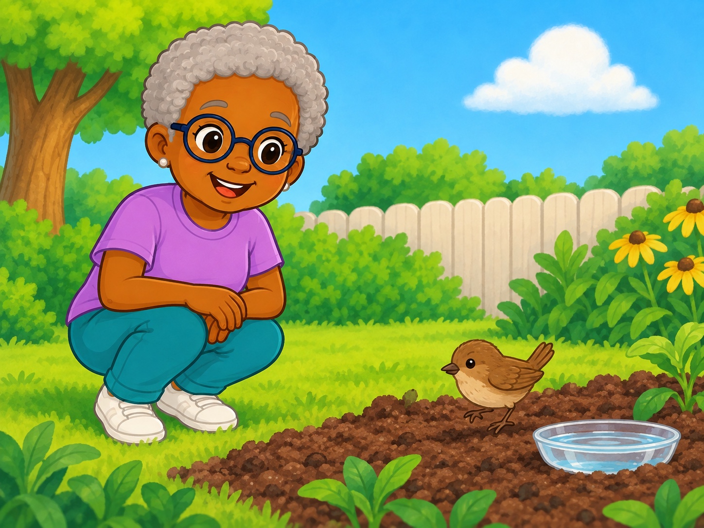Nan can see a bird. Scene continuity: Small brown bird, garden dirt patch, clear shallow water dish.