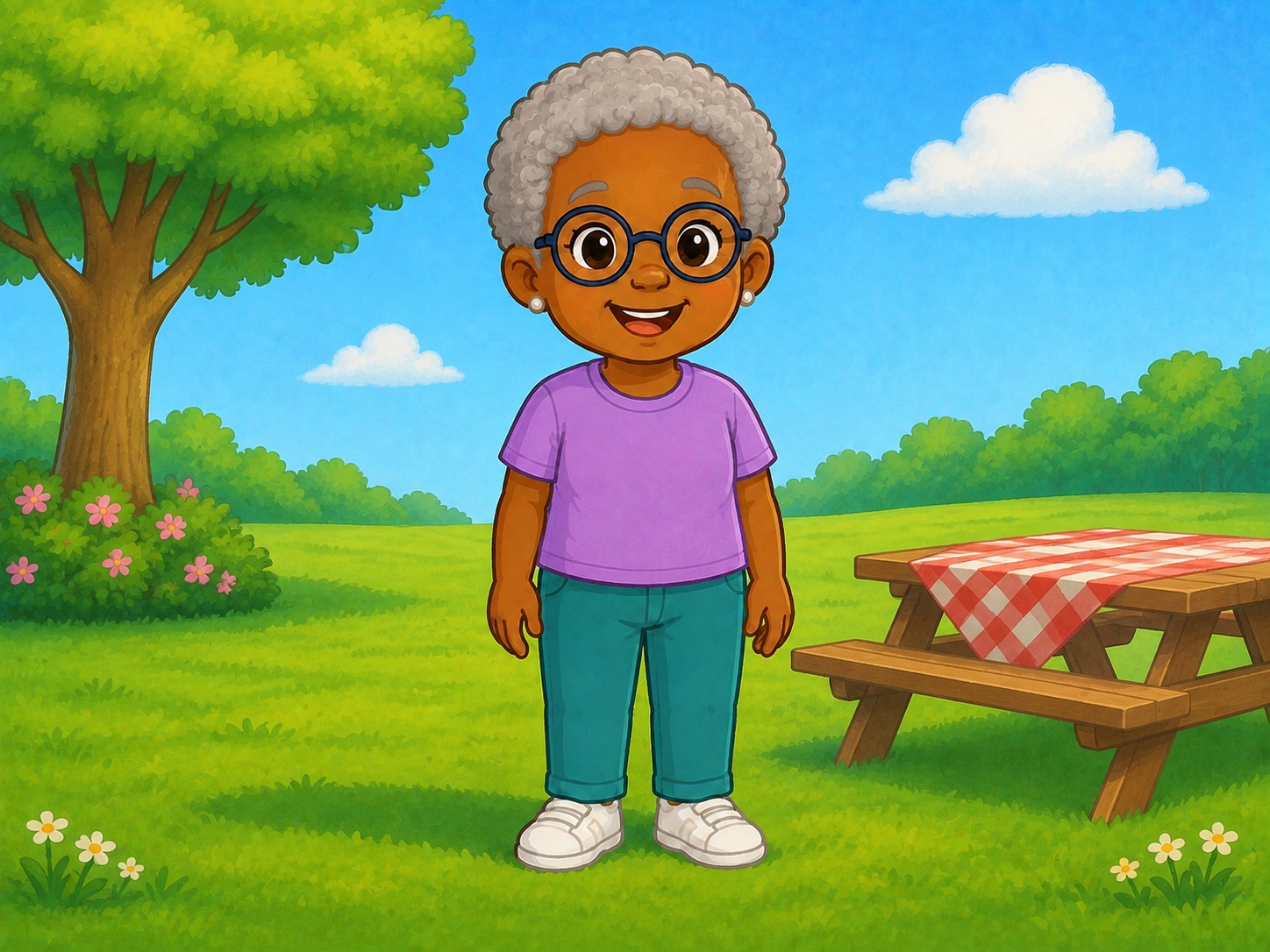 Nan stands in a picnic garden.
