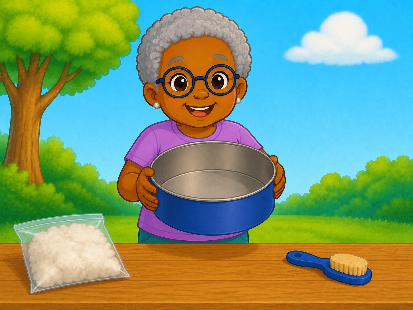 Nan holds an empty large round blue craft tin at a wooden table.