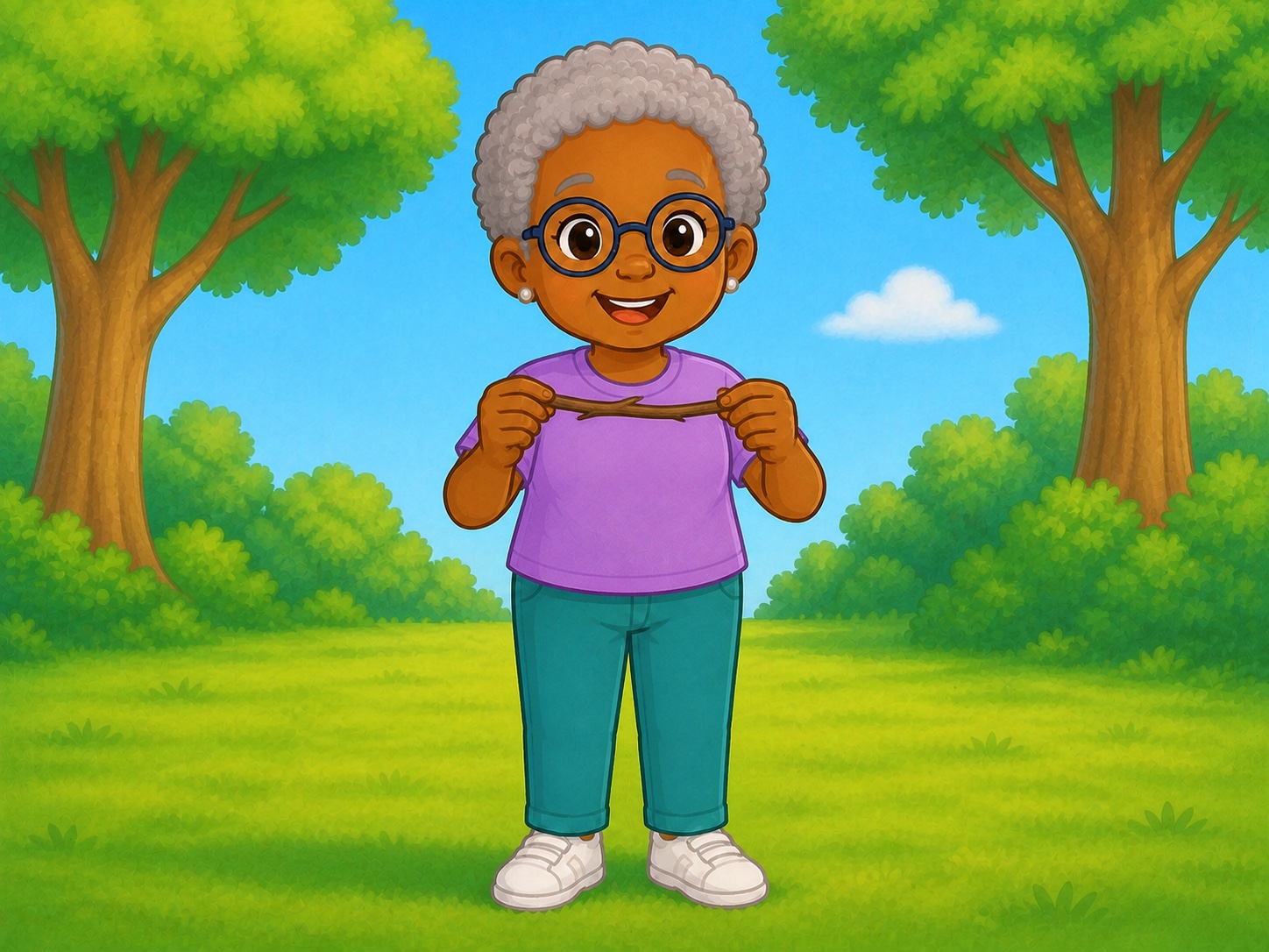 Nan holds a thin short twig sideways safely in a woodland clearing.