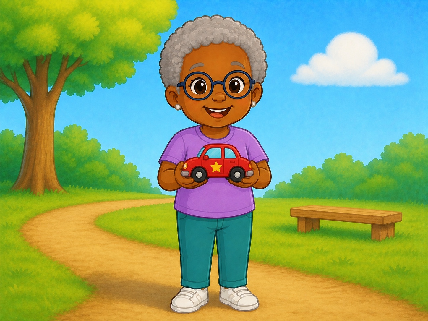 Nan holds a small red toy car with a yellow star on its side in a simple park.