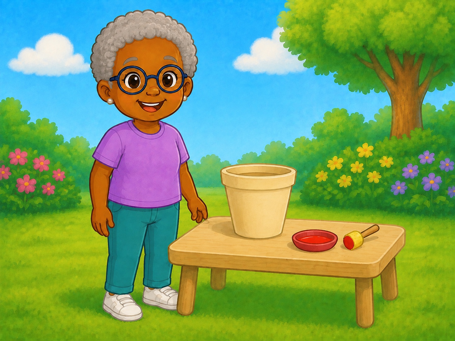 Nan stands beside a low craft table in a sunny garden.