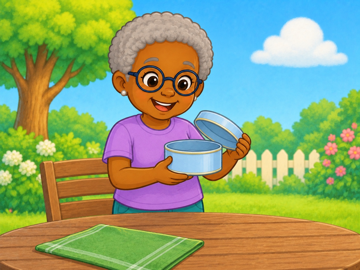 Nan has a round box. Scene continuity: Round pale blue tin box, green cloth, wooden garden table.