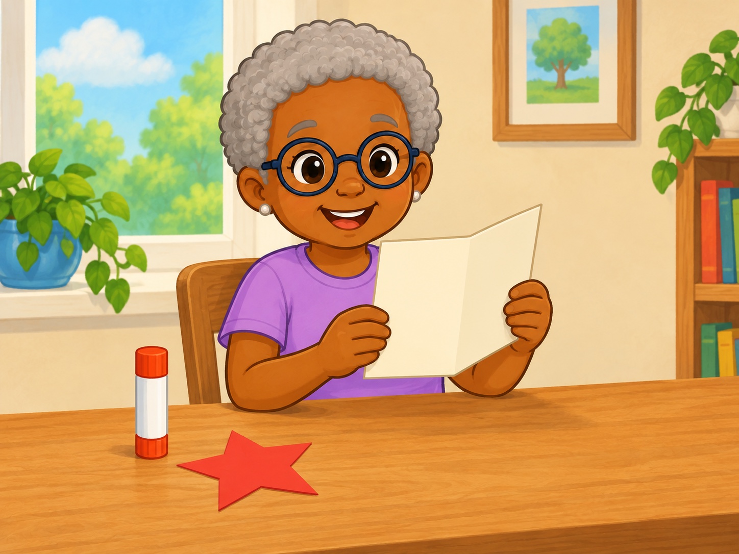 Nan has a card. Scene continuity: Plain cream greeting card, red paper star, glue stick, craft table; no lettering.