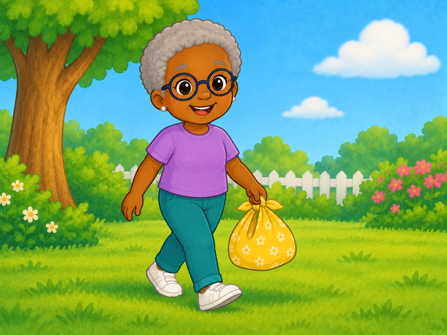 Nan brings a bag to the garden. Scene continuity: Yellow cloth picnic bag with simple knot closure, folded green cloth, empty red lunchbox and fruit.